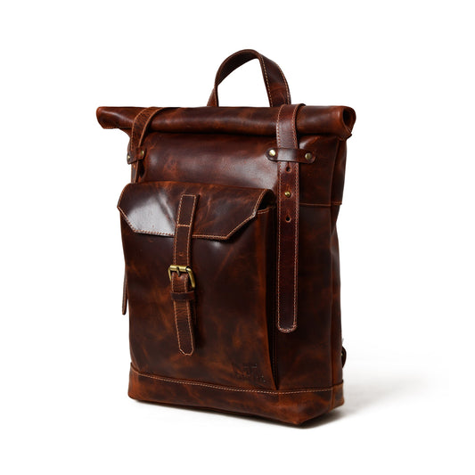 Brown Roll-Top Buffalo Leather Backpack