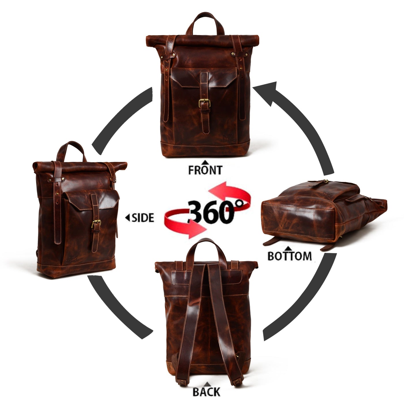 Brown Roll-Top Buffalo Leather Backpack