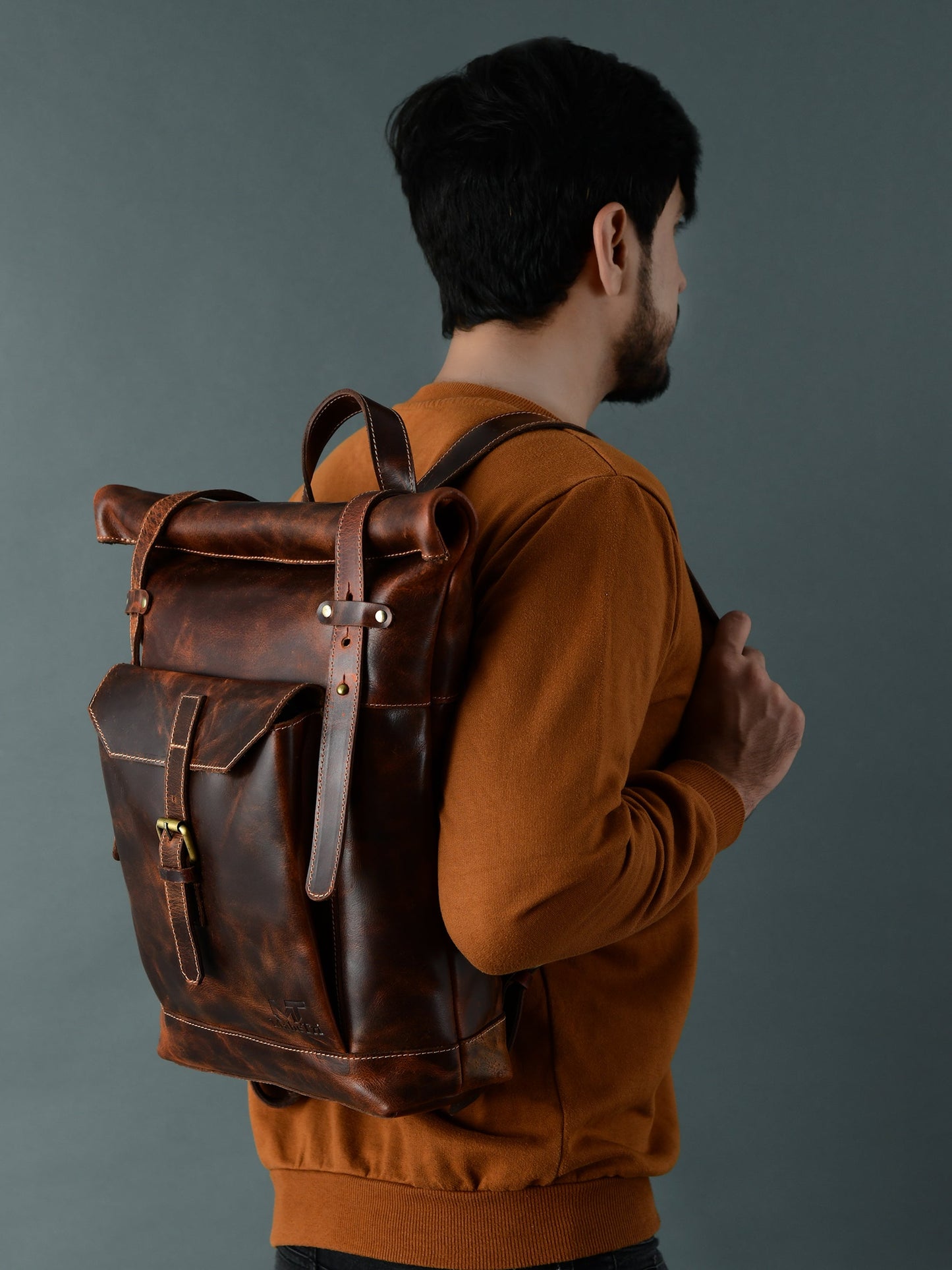 Brown Roll-Top Buffalo Leather Backpack