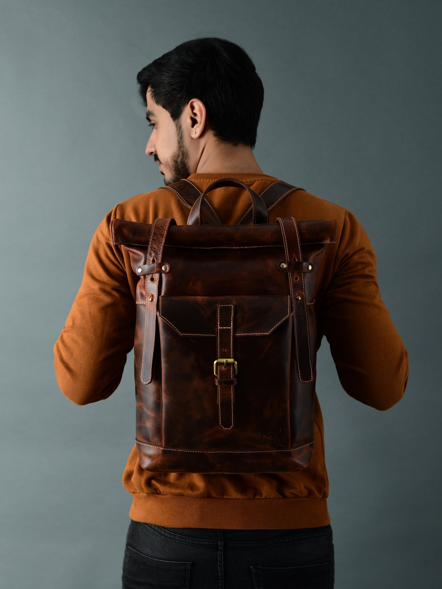 Brown Roll-Top Buffalo Leather Backpack