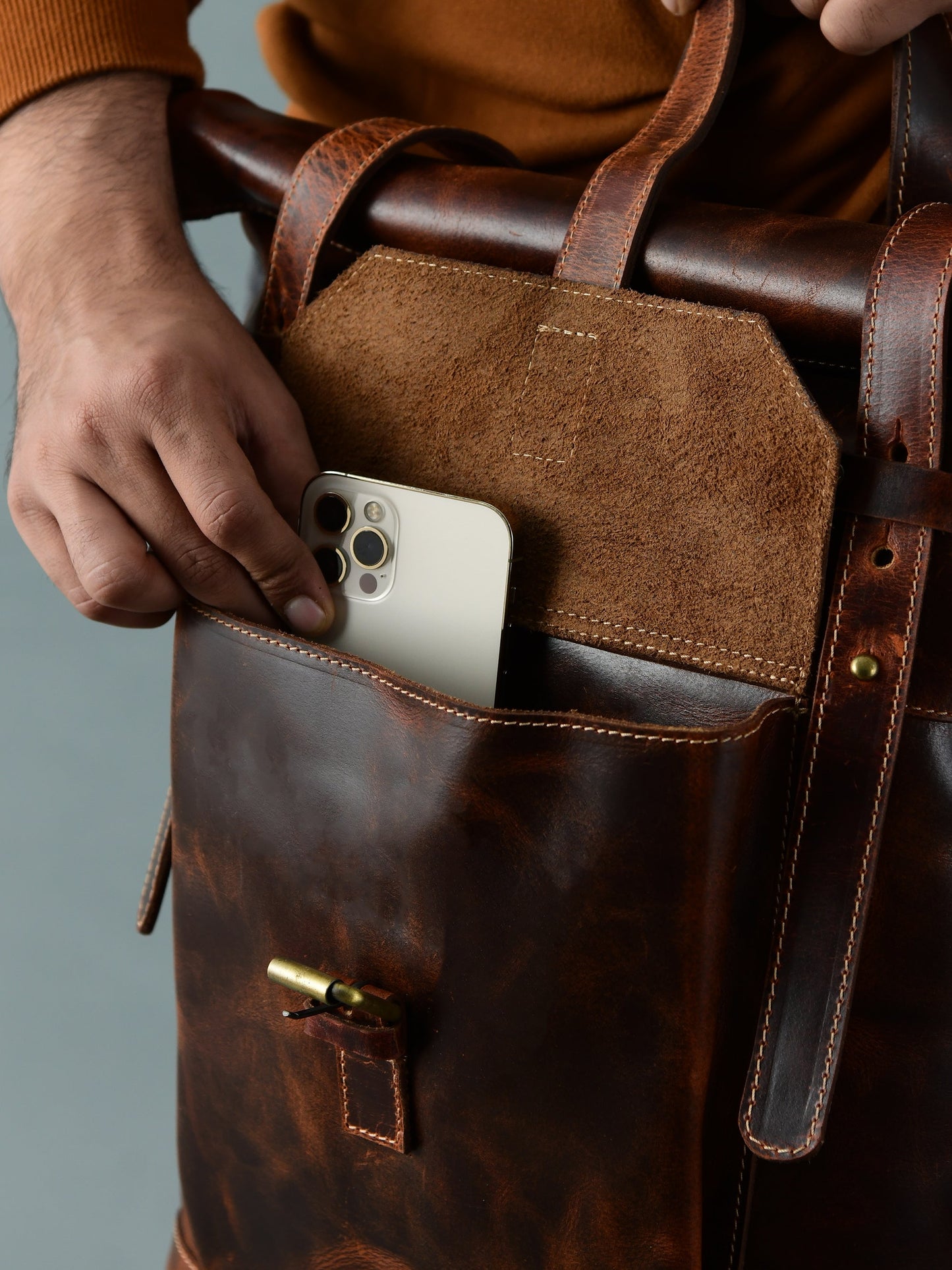 Brown Roll-Top Buffalo Leather Backpack