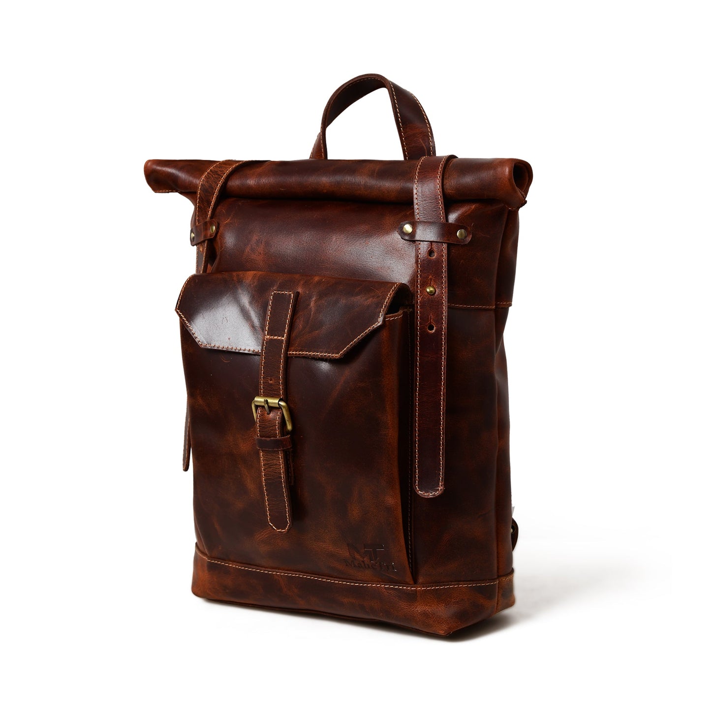Brown Roll-Top Buffalo Leather Backpack