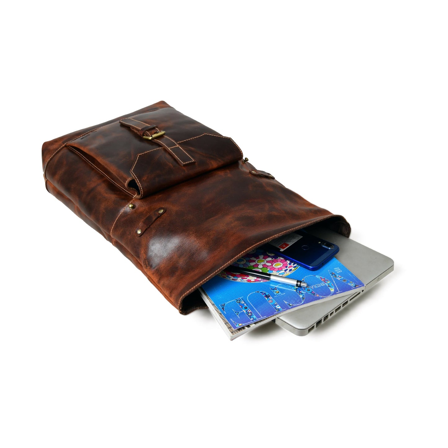 Brown Roll-Top Buffalo Leather Backpack