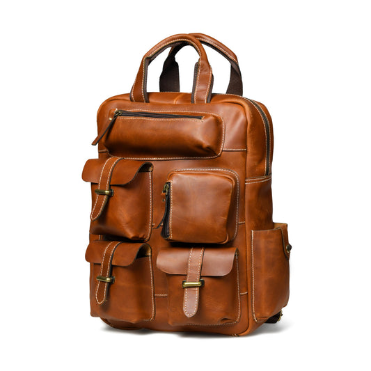 Brown Buffalo Leather Multi-Pocket Backpack