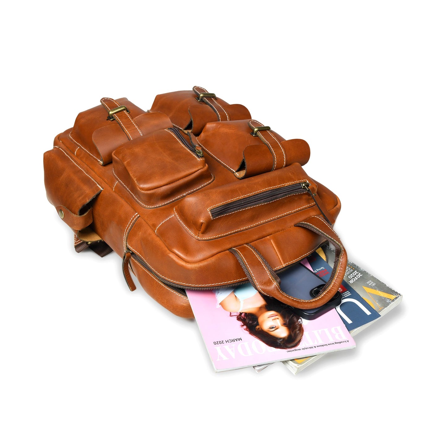 Brown Buffalo Leather Multi-Pocket Backpack