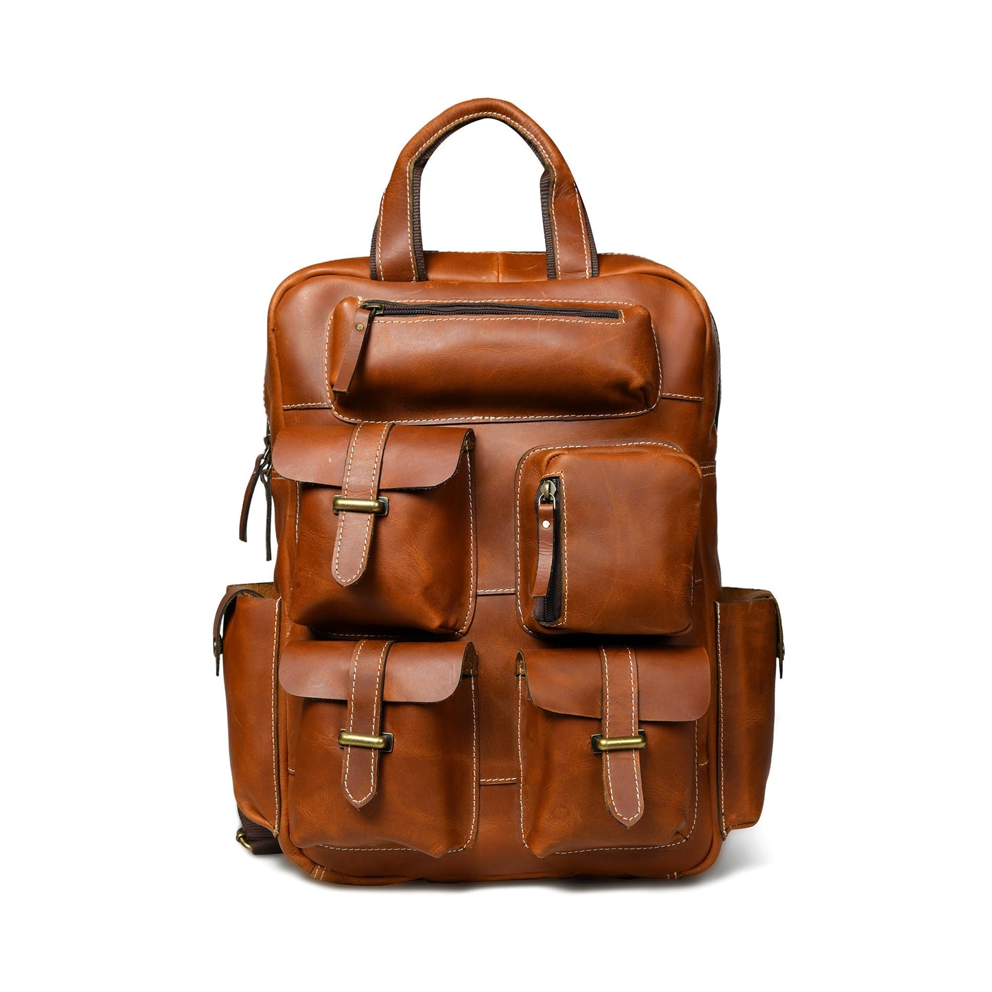 Brown Buffalo Leather Multi-Pocket Backpack