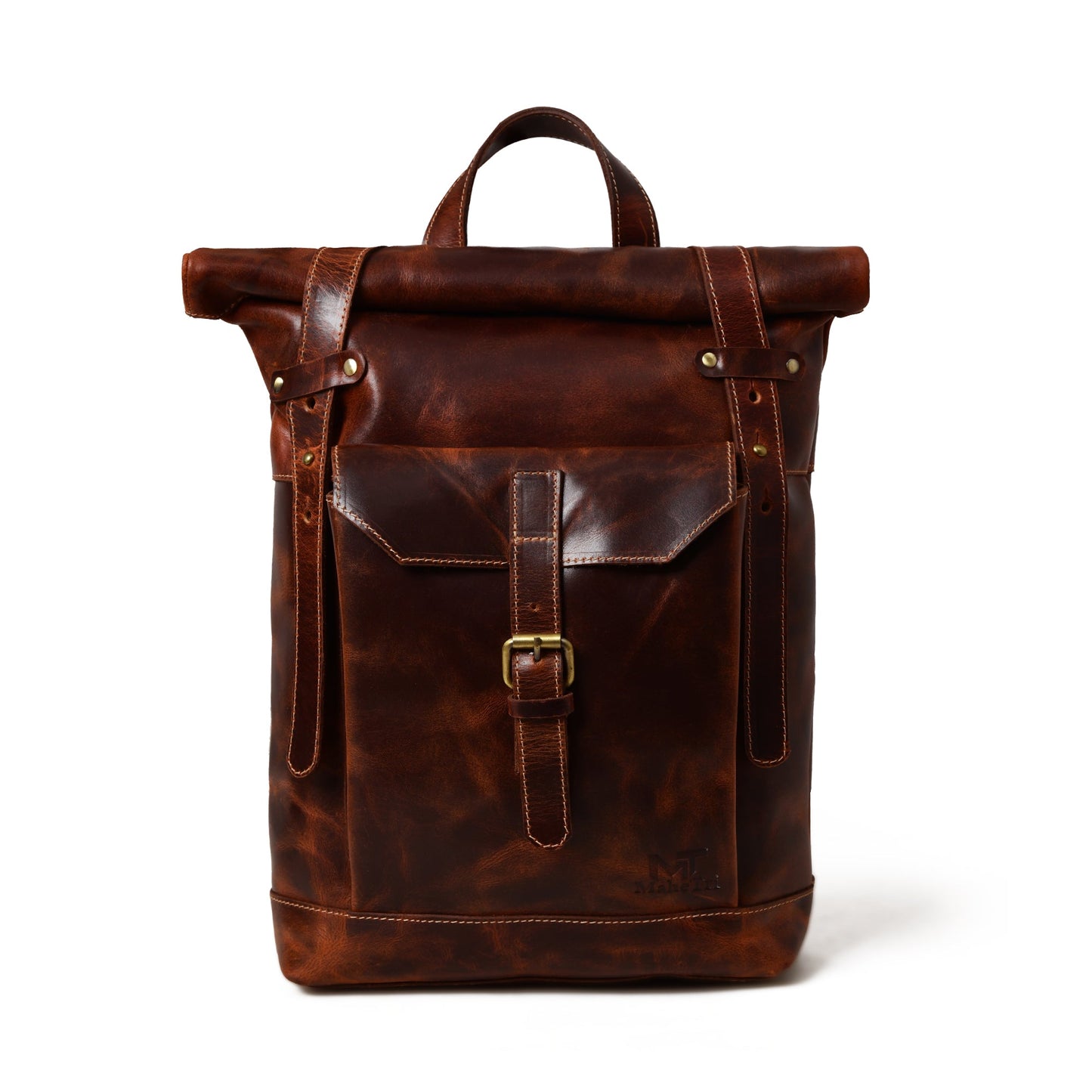 Brown Roll-Top Buffalo Leather Backpack